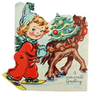 vintage mechanical card girl skiing